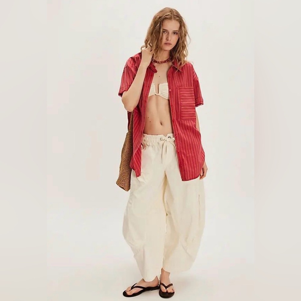 We The Free by free people red striped button Christopher linen shirt